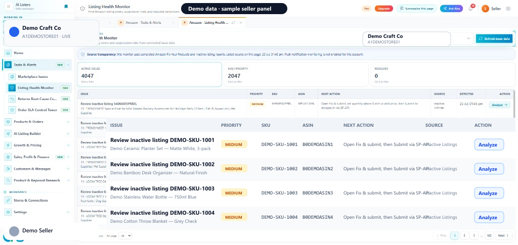 Listing Health Monitor inside the AI Listers seller panel