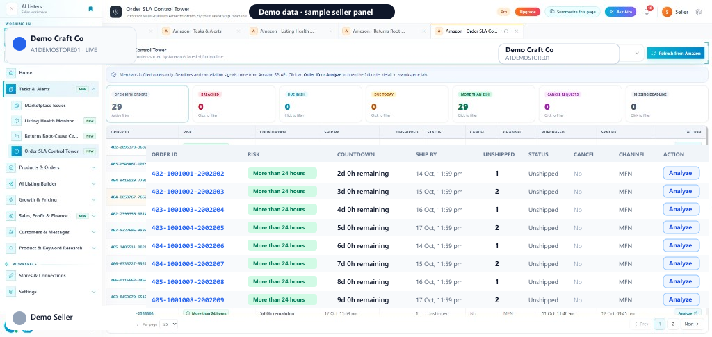 Order SLA Control Tower inside the AI Listers seller panel
