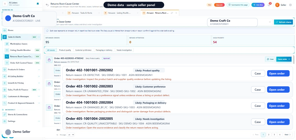 Returns Root-Cause Center inside the AI Listers seller panel